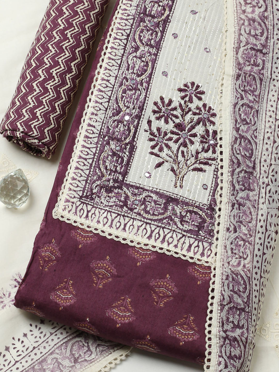 Printed Cotton Blend Unstitched Suit With Pant &amp; Dupatta