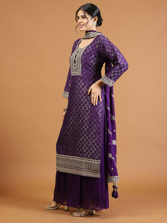 Neck Embroidery Banarasi Kurta With Palazzo & Dupatta