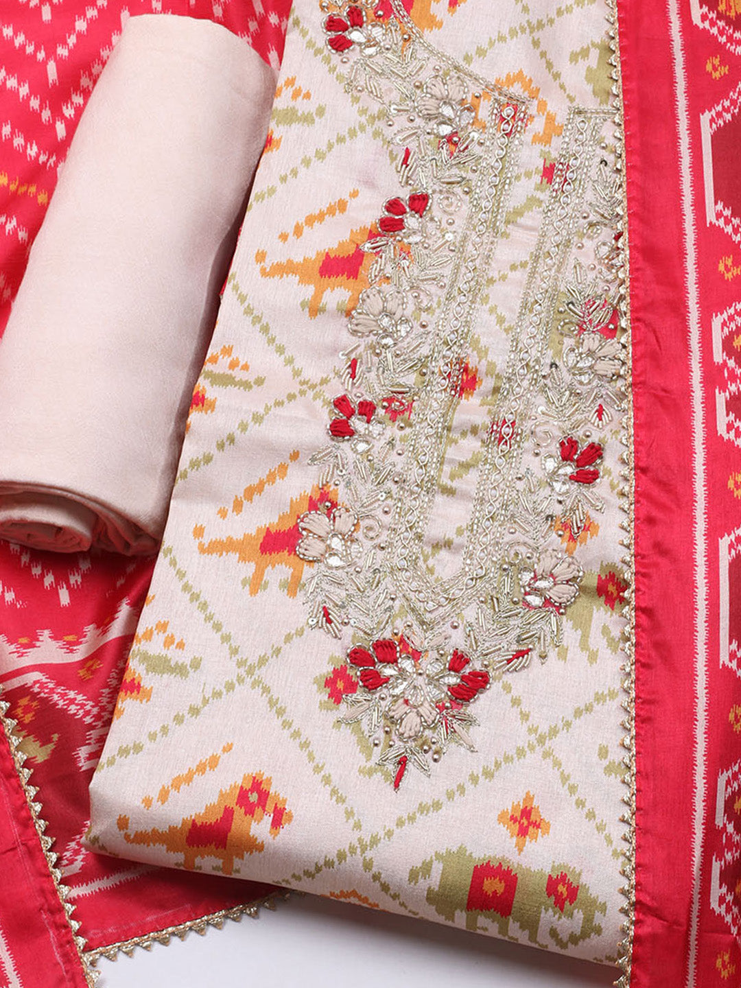 Patola Printed Tussar Unstitched Suit With Dupatta