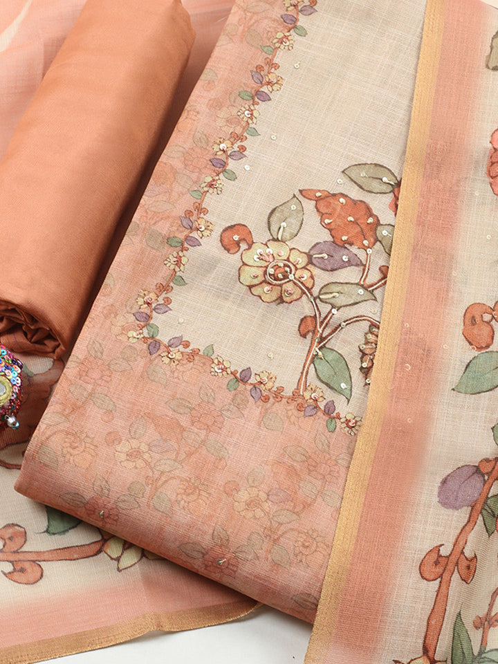 Printed Linen Blend Unstitched Suit With Pant &amp; Dupatta