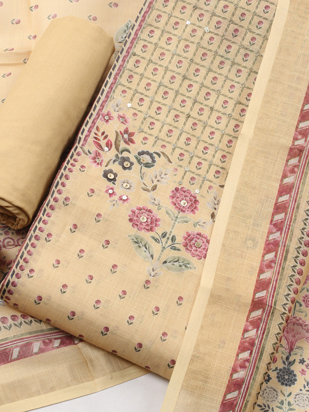 Printed Linen Blend Unstitched Suit With Pant &amp; Dupatta