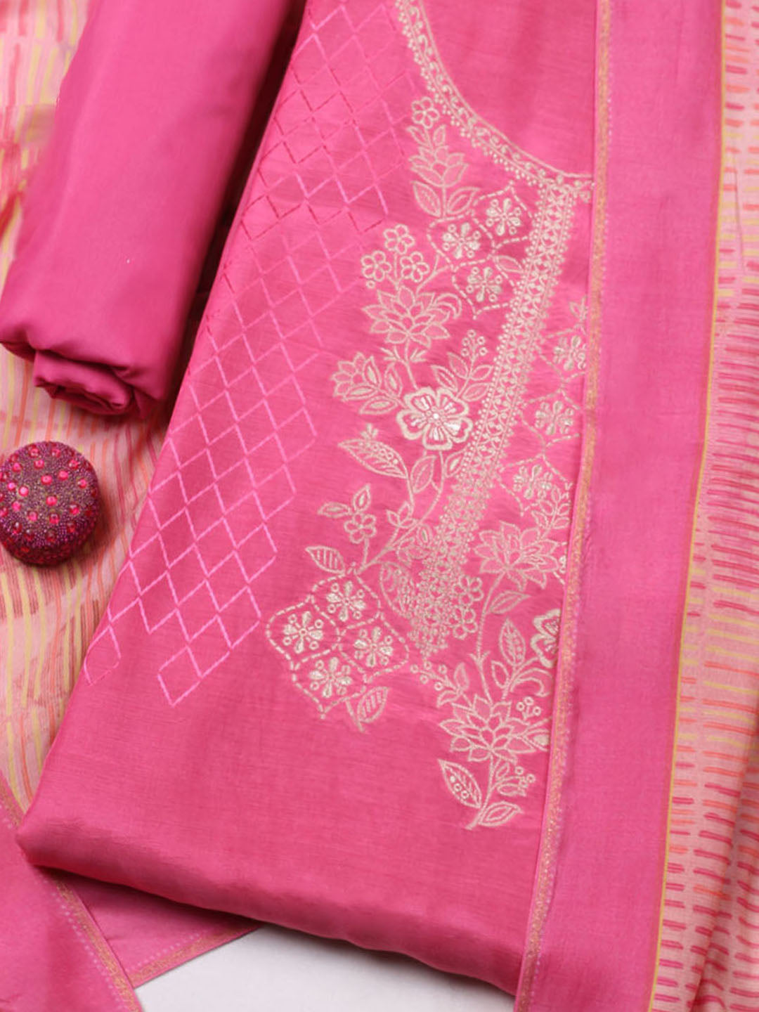 Embroidered Art Silk Unstitched Suit With Pant &amp; Dupatta