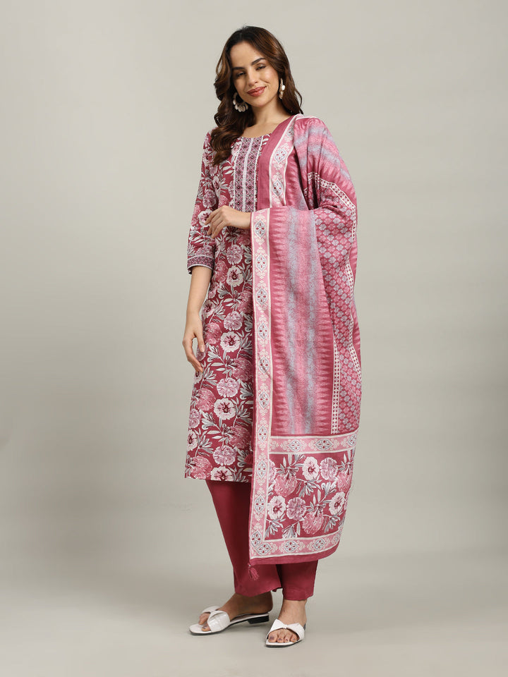 Floral Parinted Cotton Blend Kurta With Pants &amp; Dupatta