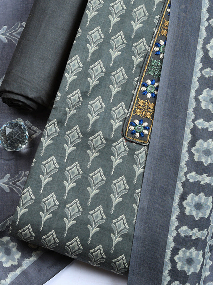 Embroidered Cotton Blend Unstitched Suit With Pant &amp; Dupatta