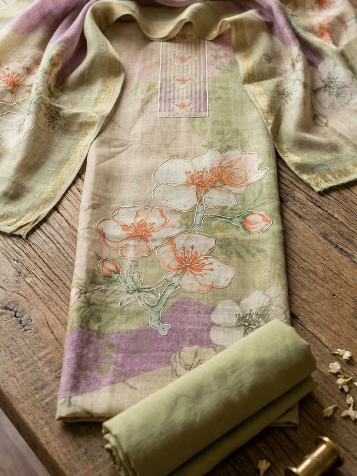 Embroidered Linen Blend Unstitched Suit With Pant &amp; Dupatta