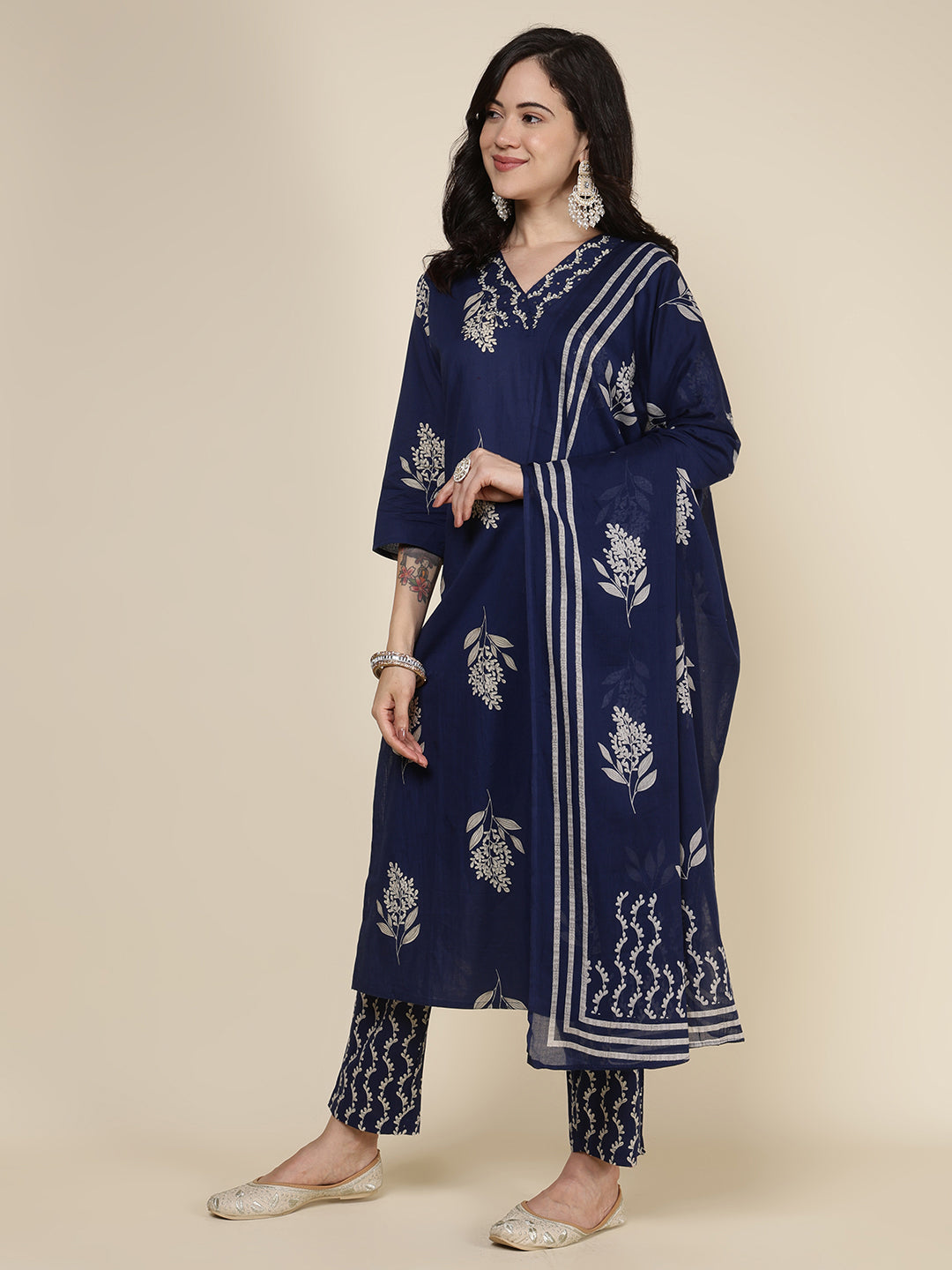 Printed Cotton Blend Kurta With Pants &amp; Dupatta