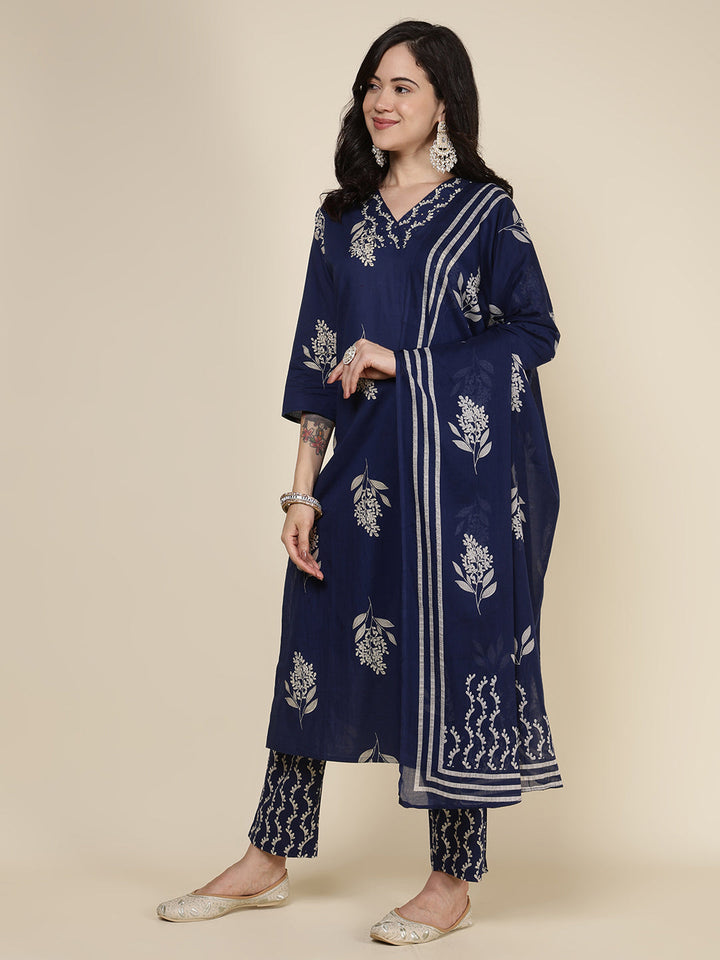 Printed Cotton Blend Kurta With Pants &amp; Dupatta