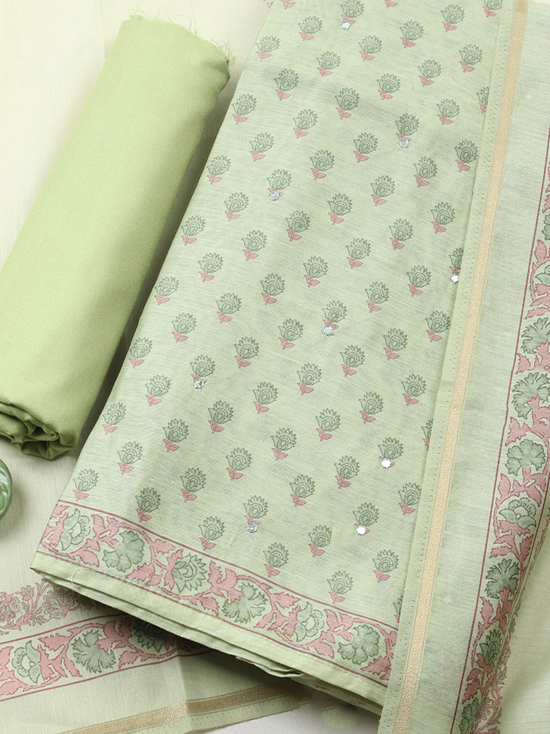 Printed Chanderi Unstitched Suit With Pant &amp; Dupatta