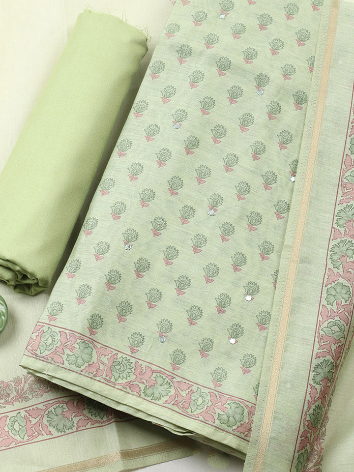 Printed Chanderi Unstitched Suit With Pant &amp; Dupatta