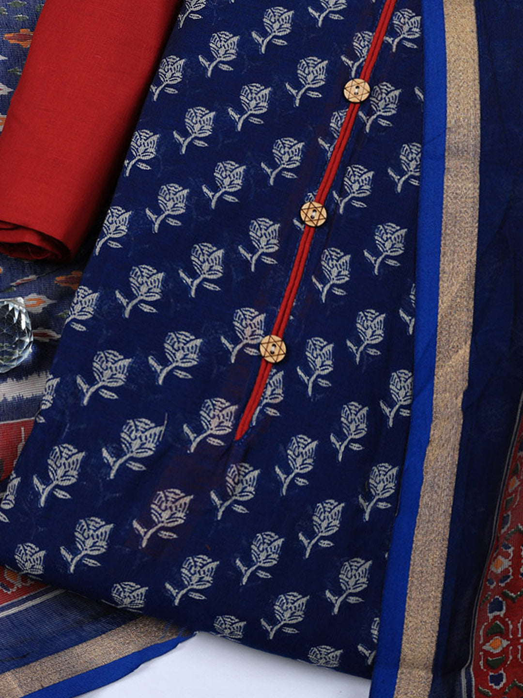 Embroidered Cotton Blend Unstitched Suit With Pant &amp; Dupatta