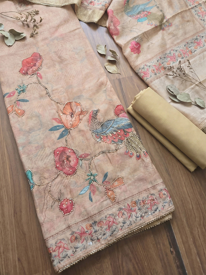 Printed Chanderi Unstitched Suit With Pant &amp; Dupatta