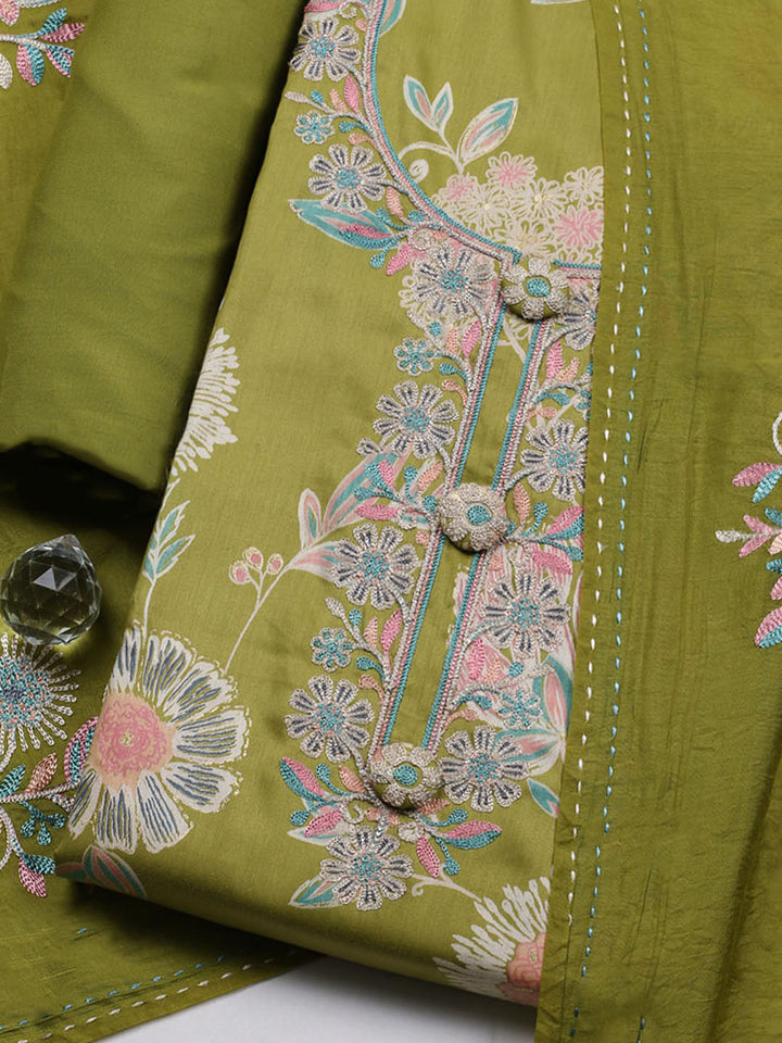 Embroidered Cotton Blend Unstitched Suit With Pant &amp; Dupatta