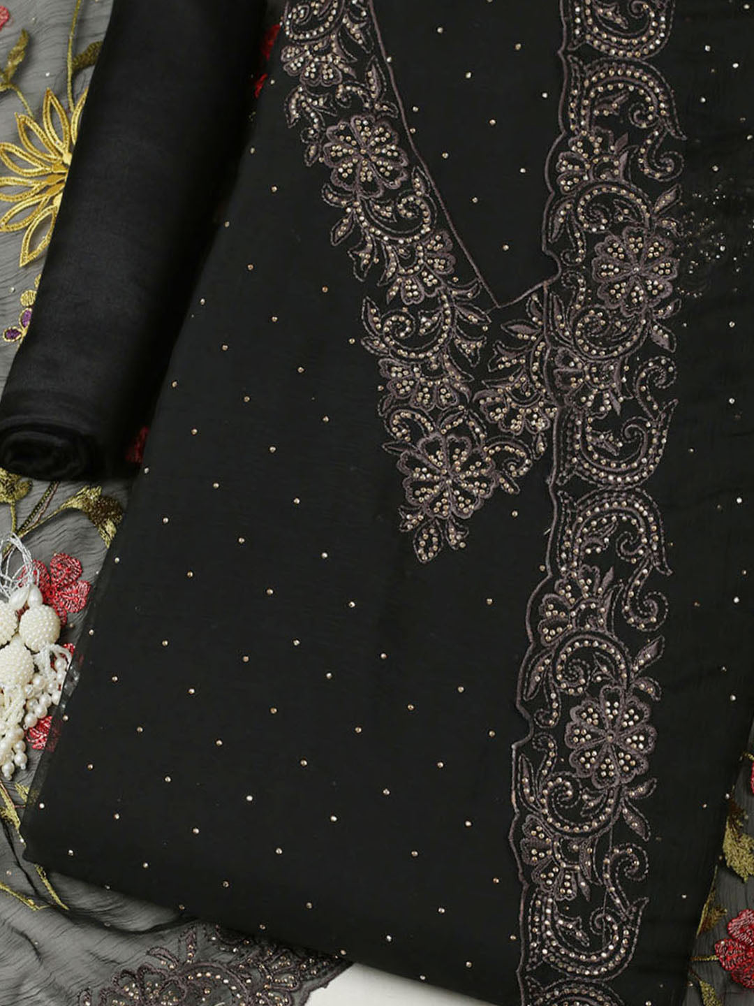 Embellished Organza Unstitched Suit With Pant &amp; Dupatta
