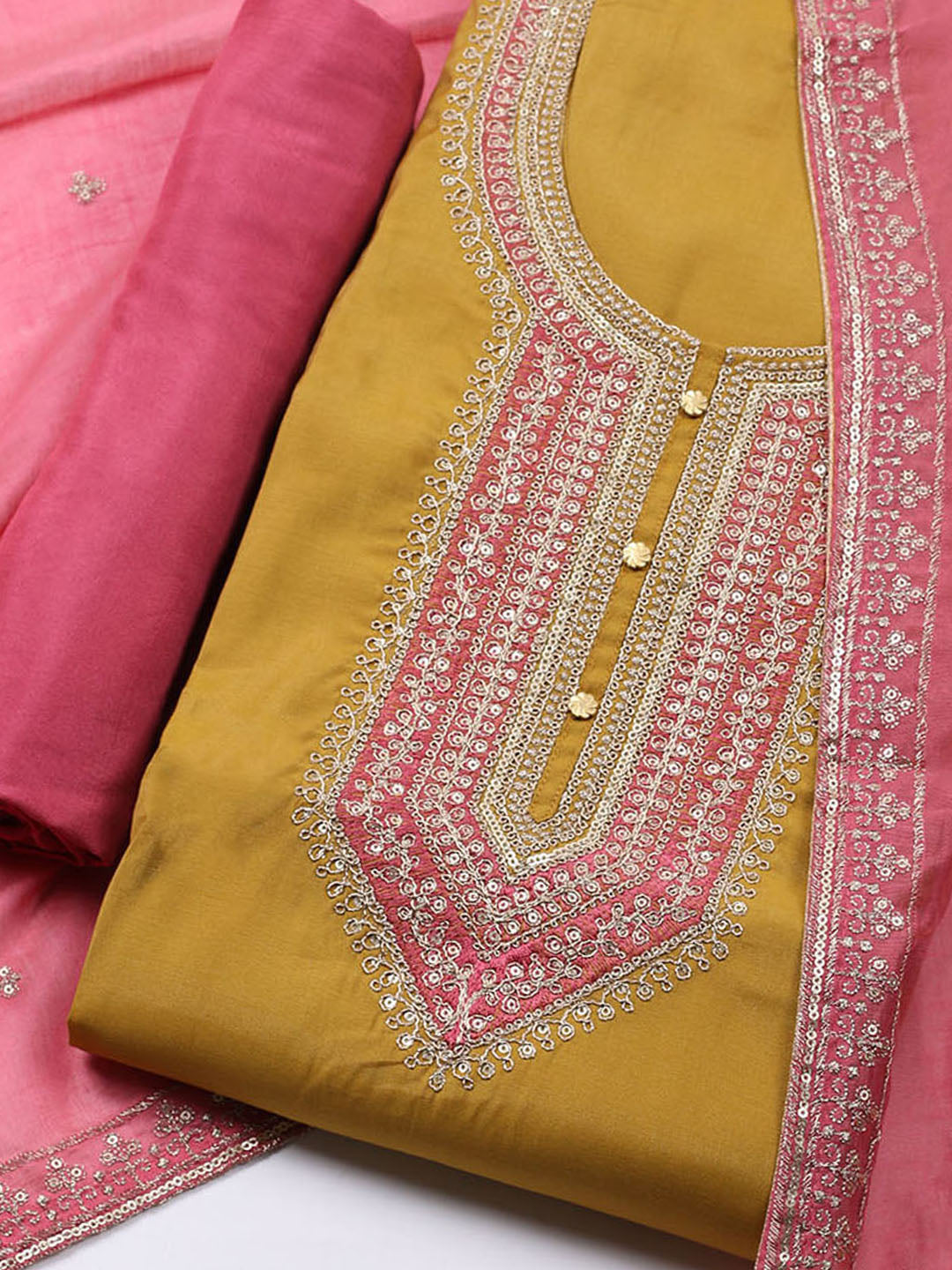 Neck Embroidered Chanderi Unstitched Suit With Dupatta