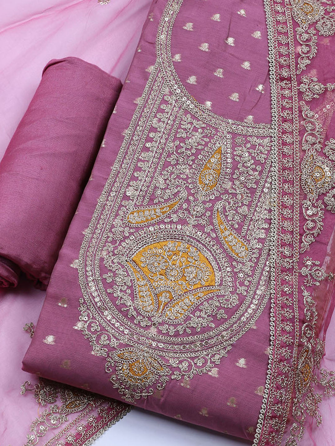 Neck Embroidered Chanderi Unstitched Suit With Dupatta
