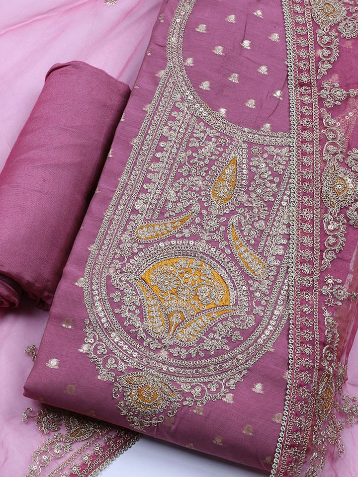 Neck Embroidered Chanderi Unstitched Suit With Dupatta