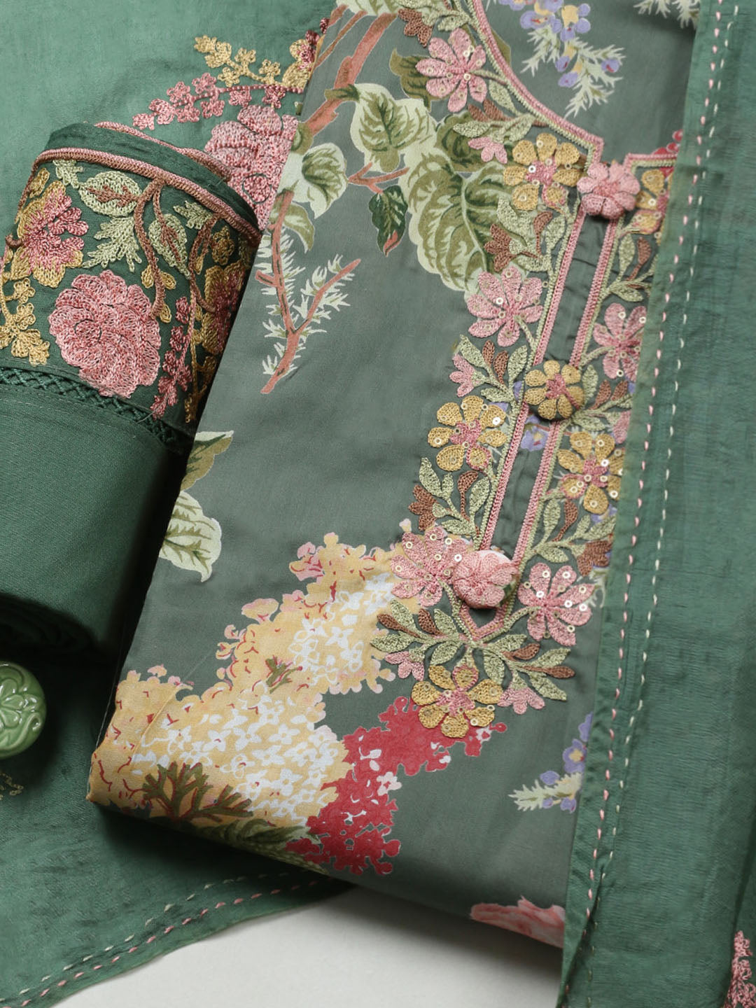 Embroidered Muslin Unstitched Suit With Pant &amp; Dupatta