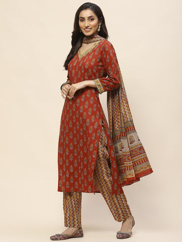 Printed Cotton Suit Set With Dupatta