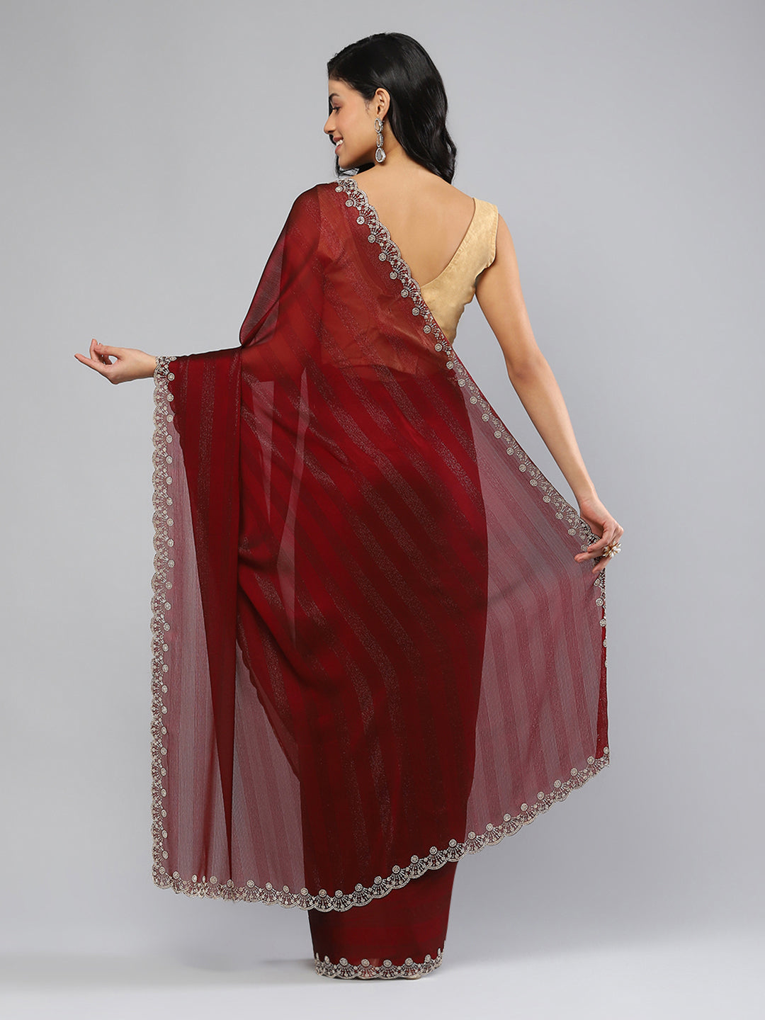 Swarovski Border Art-Chiffon Plain Saree