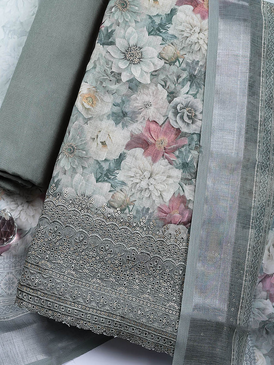 Embroidered Linen Blend Unstitched Suit With Pant &amp; Dupatta