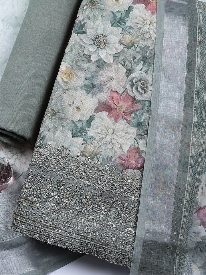 Embroidered Linen Blend Unstitched Suit With Pant &amp; Dupatta