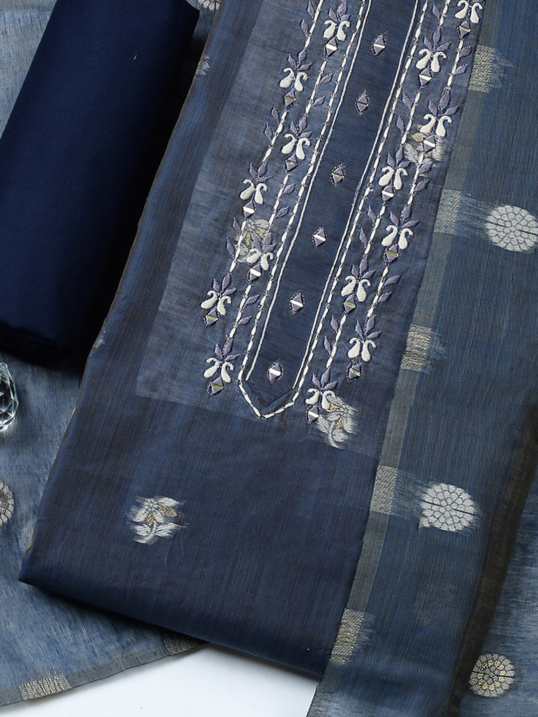 Embroidered Cotton Blend Unstitched Suit With Pant &amp; Dupatta