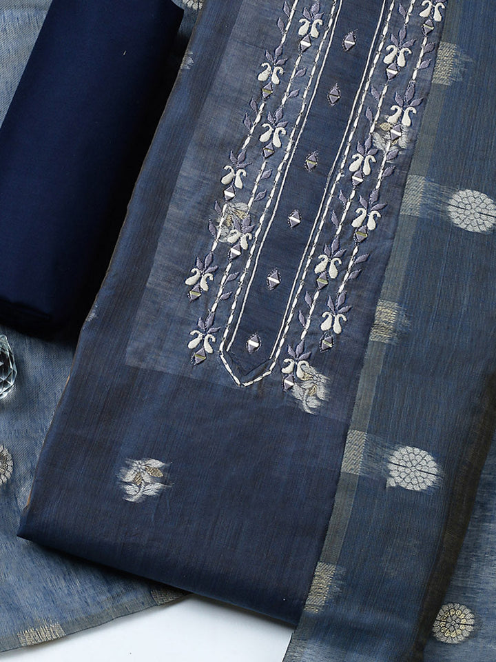 Embroidered Cotton Blend Unstitched Suit With Pant &amp; Dupatta