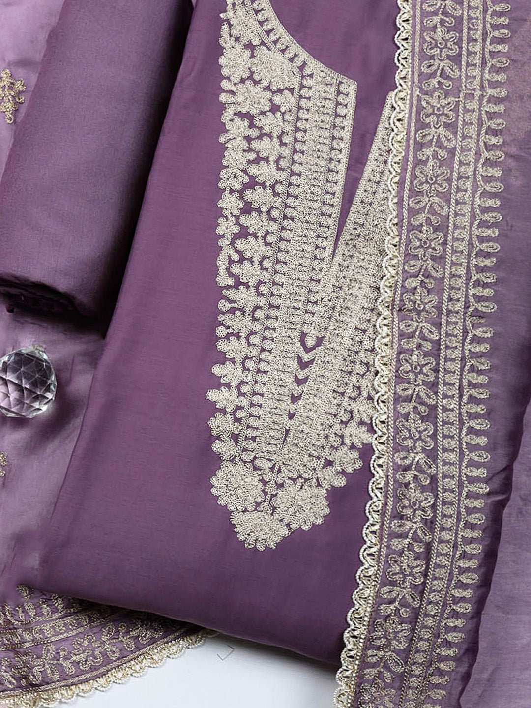 Embroidered Chanderi Unstitched Suit With Pant &amp; Dupatta