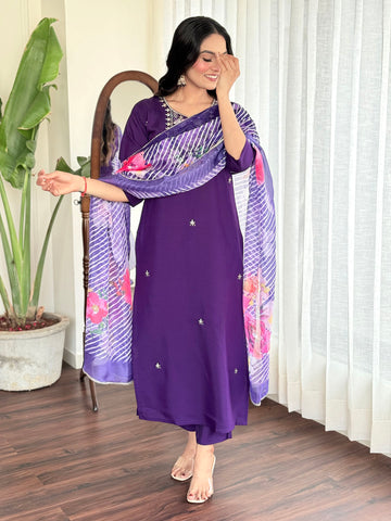 Resham Embroidery Chanderi Kurta With Pants & Dupatta