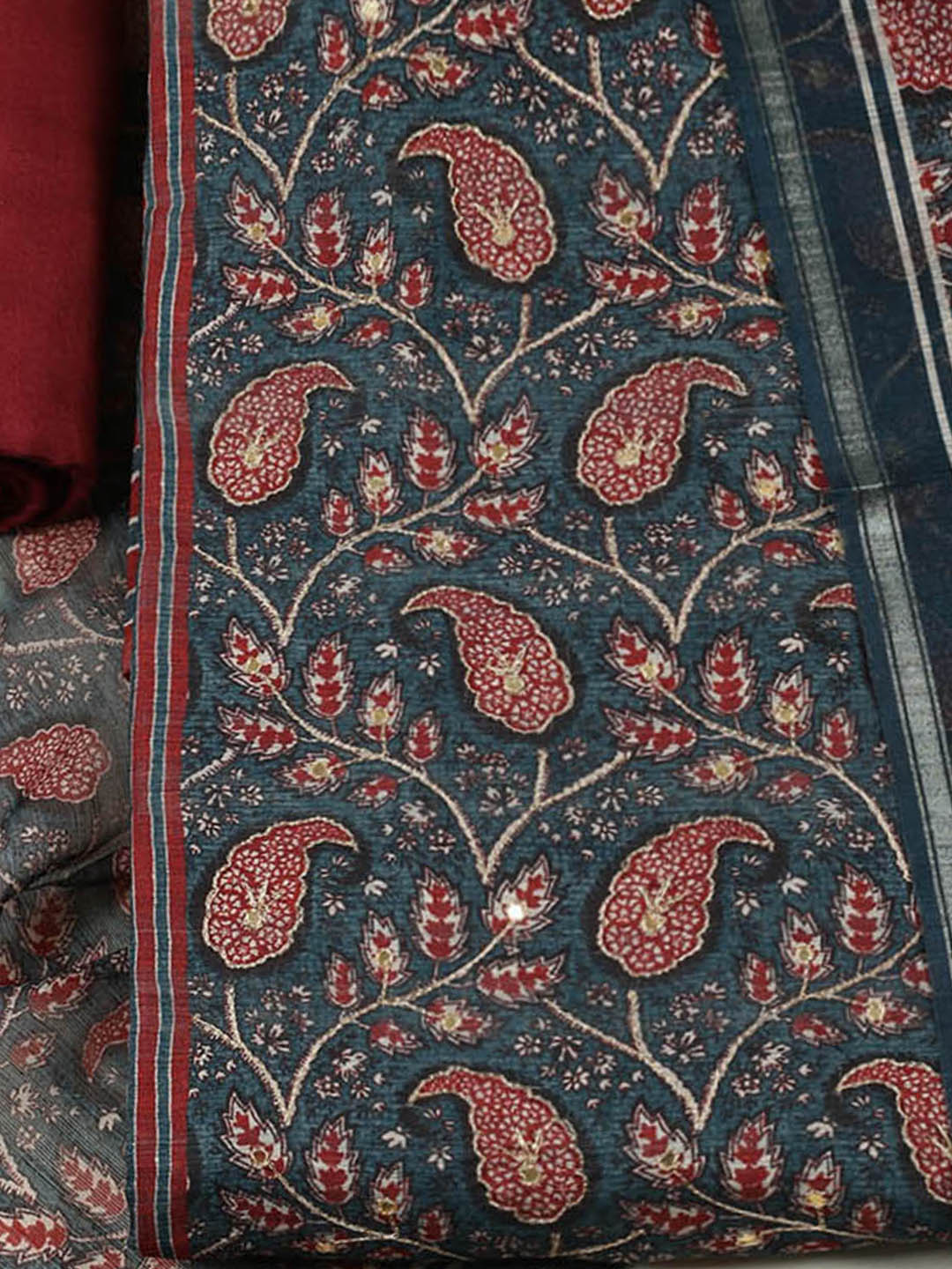 Printed Chanderi Unstitched Suit With Pant &amp; Dupatta