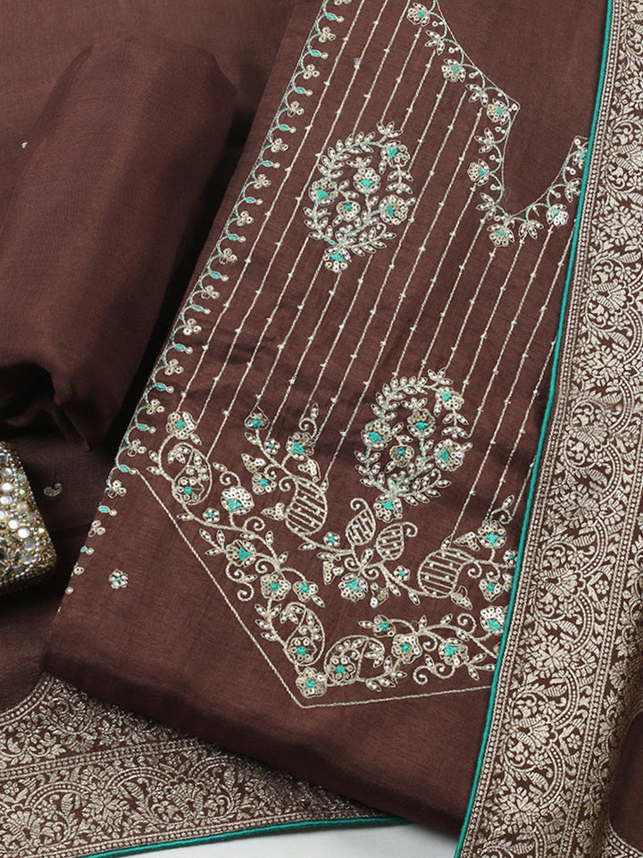 Embroidered Chanderi Unstitched Suit With Pant &amp; Dupatta