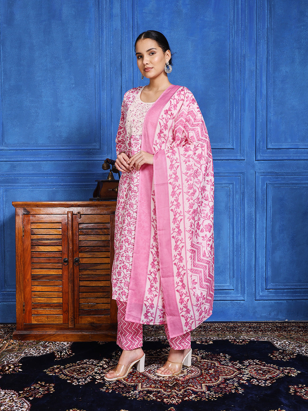 Printed Cotton Blend Kurta With Pants & Dupatta