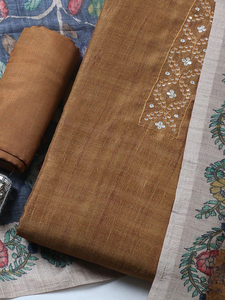 Embroidered Tussar Unstitched Suit With Pant &amp; Dupatta