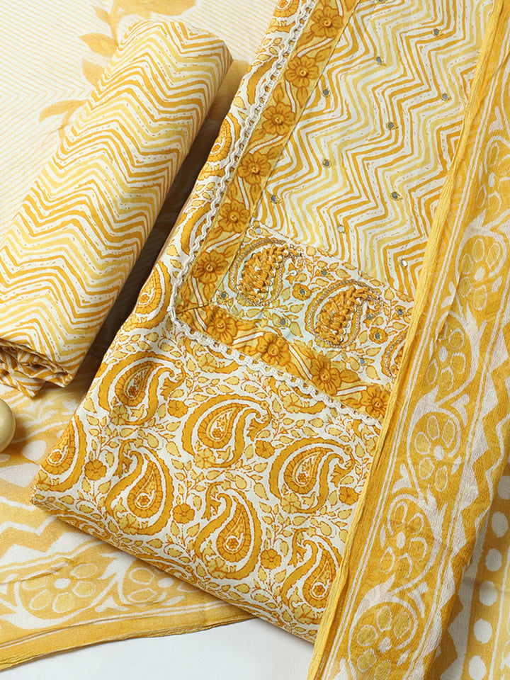 Embroidered Cotton Blend Unstitched Suit With Pant &amp; Dupatta