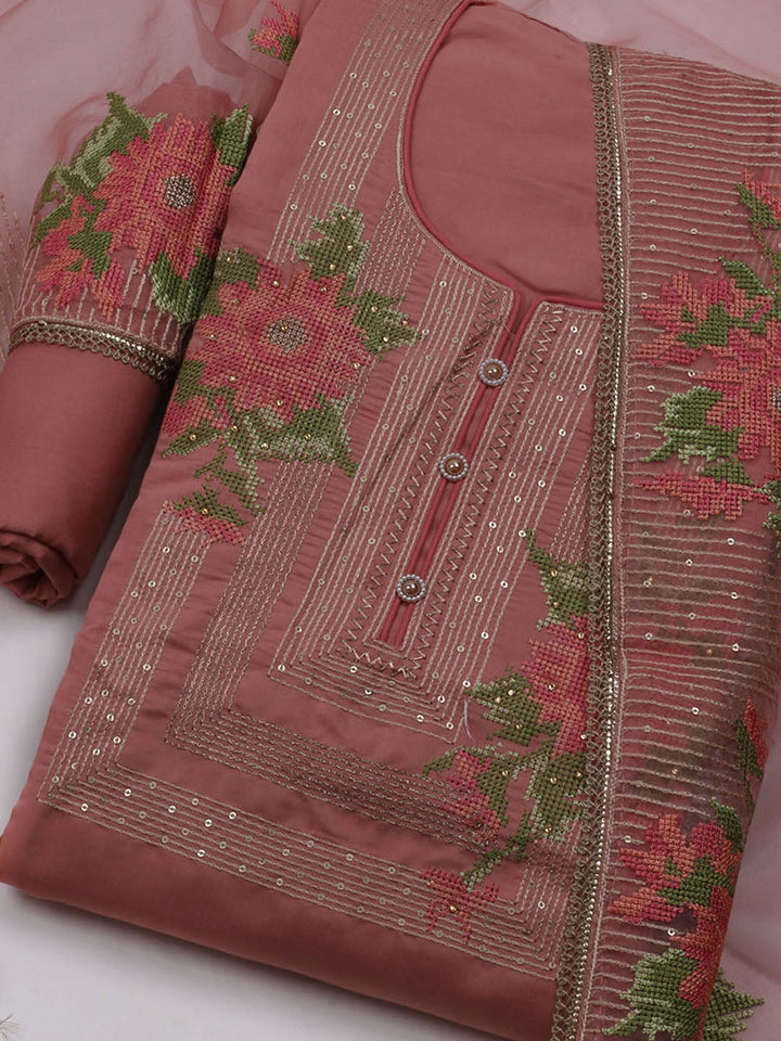 Neck Embroidered Chanderi Unstitched Suit With Dupatta