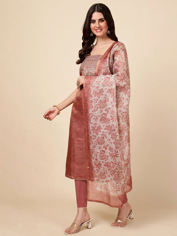 Neck Embroidery Chanderi Unstitched Suit With Dupatta