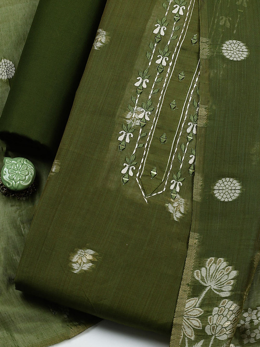 Embroidered Cotton Blend Unstitched Suit With Pant &amp; Dupatta