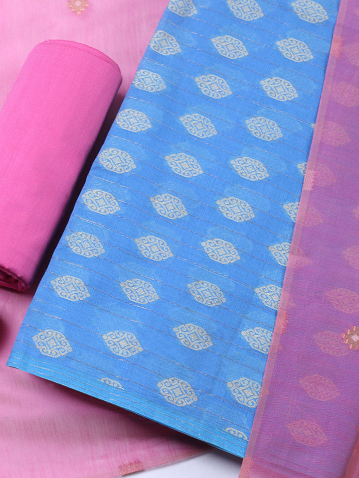 Printed Chanderi Unstitched Suit With Pant &amp; Dupatta