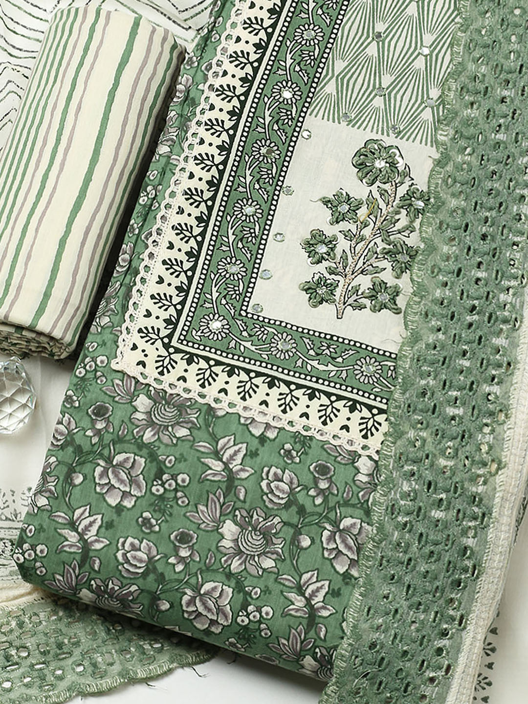 Printed Cotton Blend Unstitched Suit With Pant &amp; Dupatta