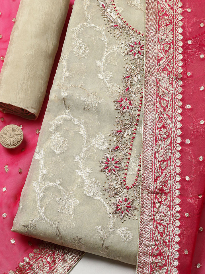 Embroidered Chanderi Unstitched Suit With Pant &amp; Dupatta