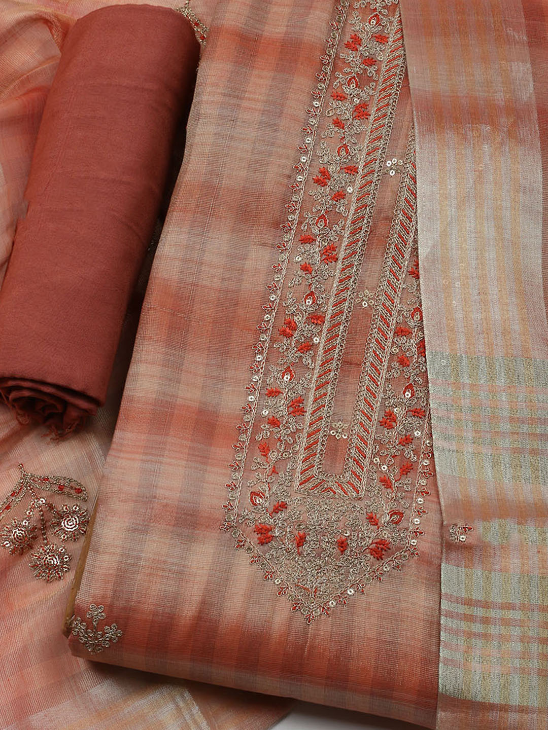 Embroidered Tissue Unstitched Kurta With Pant & Dupatta