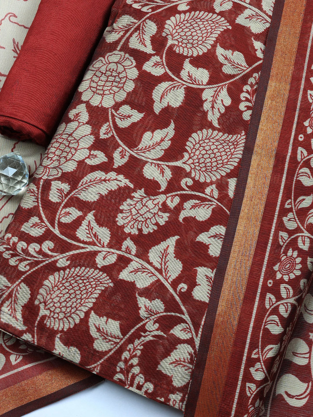 Printed Chanderi Unstitched Suit With Pant &amp; Dupatta