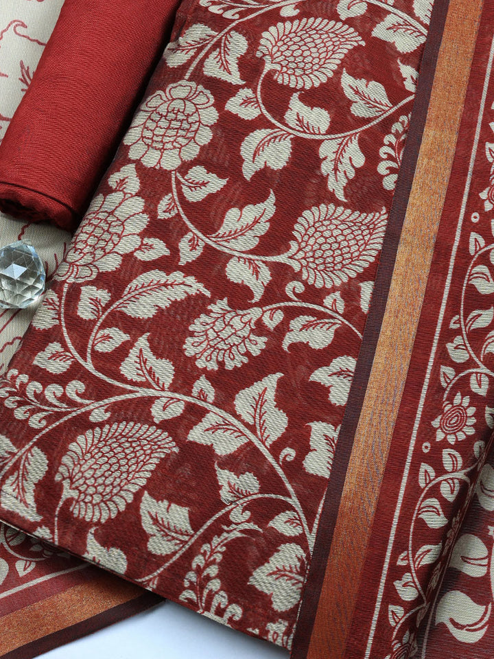 Printed Chanderi Unstitched Suit With Pant &amp; Dupatta