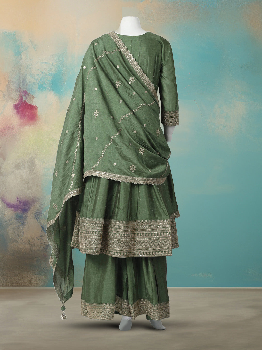 Embroidered Art Silk Stitched Kurta With Pant &amp; Dupatta