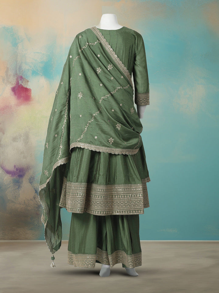 Embroidered Art Silk Stitched Kurta With Pant &amp; Dupatta