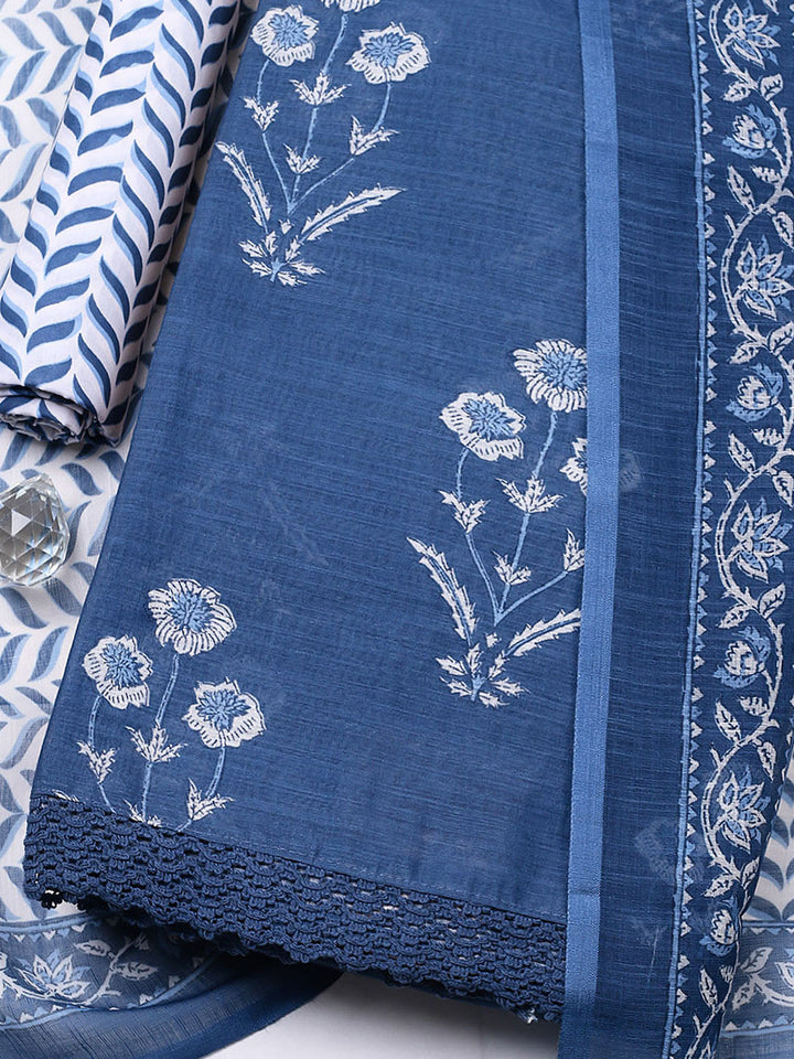 Printed Cotton Blend Unstitched Suit With Pant &amp; Dupatta