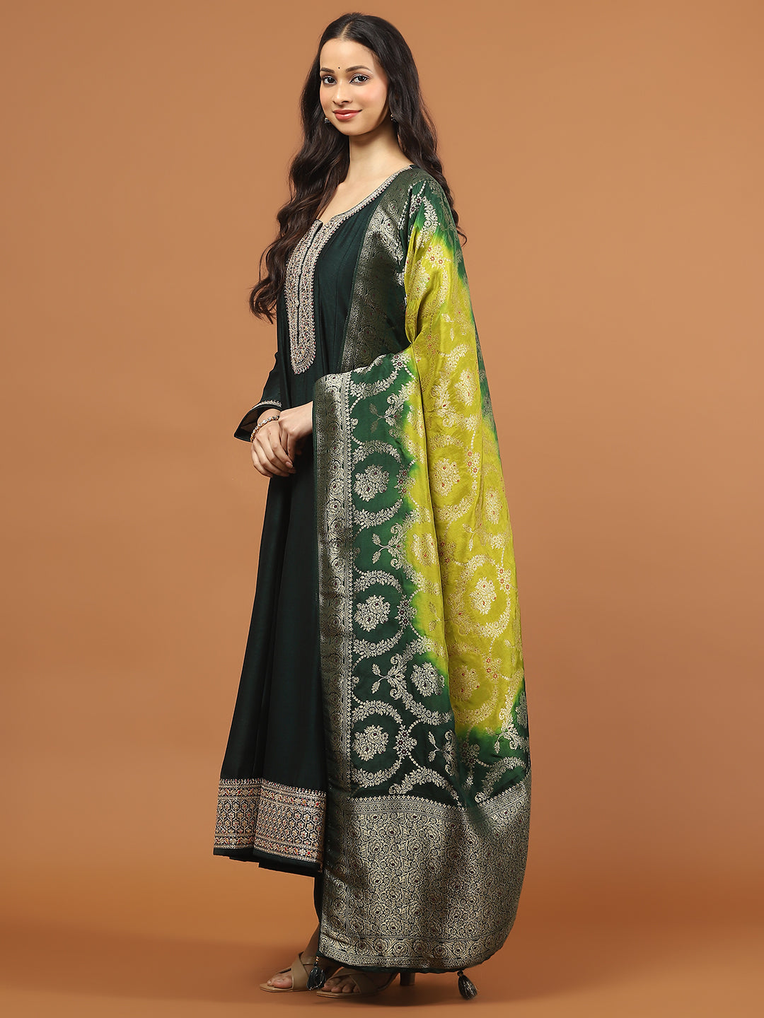 Zari Sequin Embroidery Art Silk Kurta With Pants &amp; Dupatta
