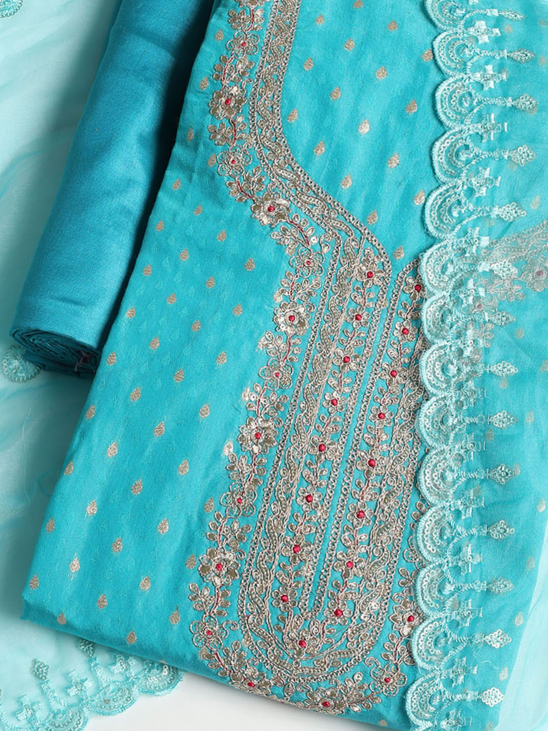 Neck Embroidered Chanderi Unstitched Suit With Dupatta