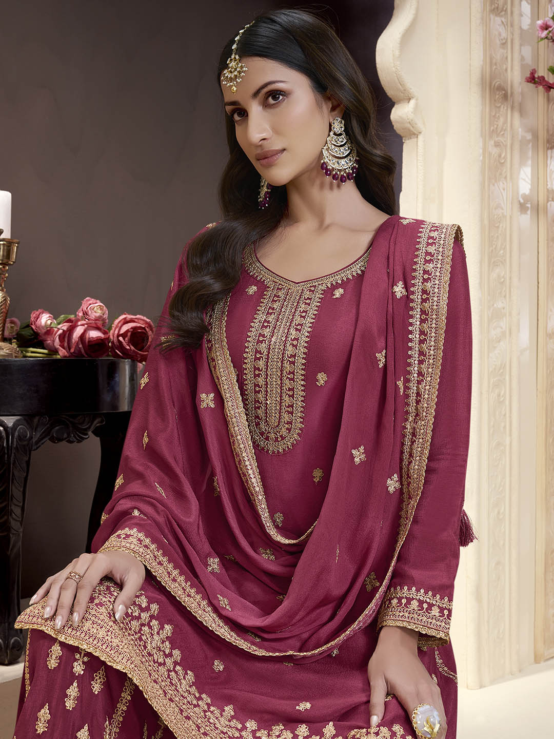 Embroidered Chinon Unstitched Suit With Pant &amp; Dupatta