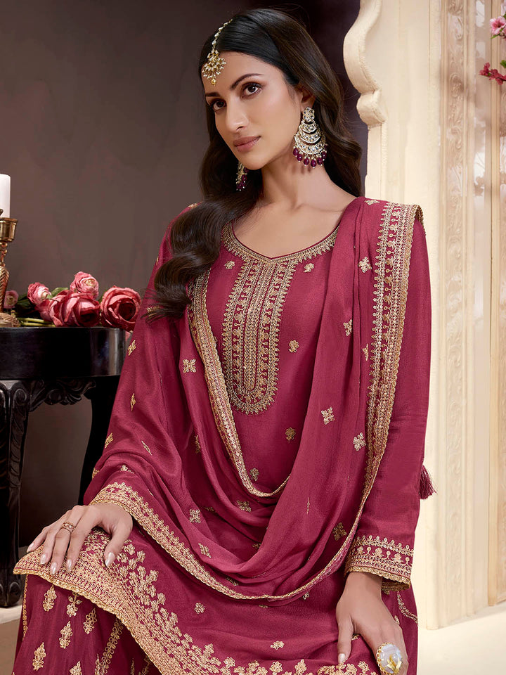Embroidered Chinon Unstitched Suit With Pant &amp; Dupatta